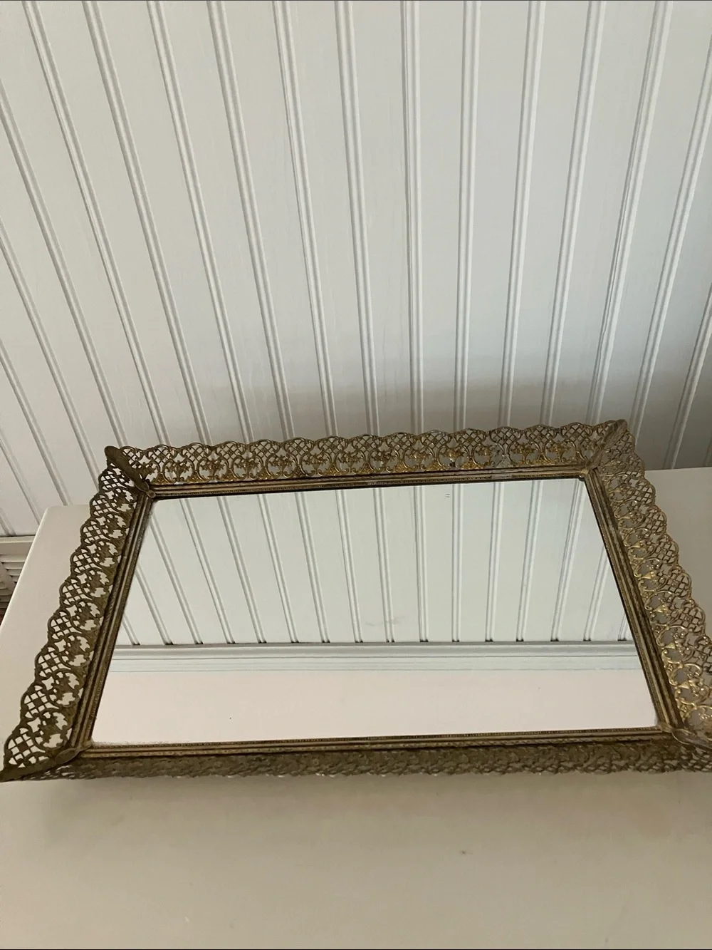 Vintage Hollywood Regency Ornate Filigree Vanity Mirror Tray 16” x 11”